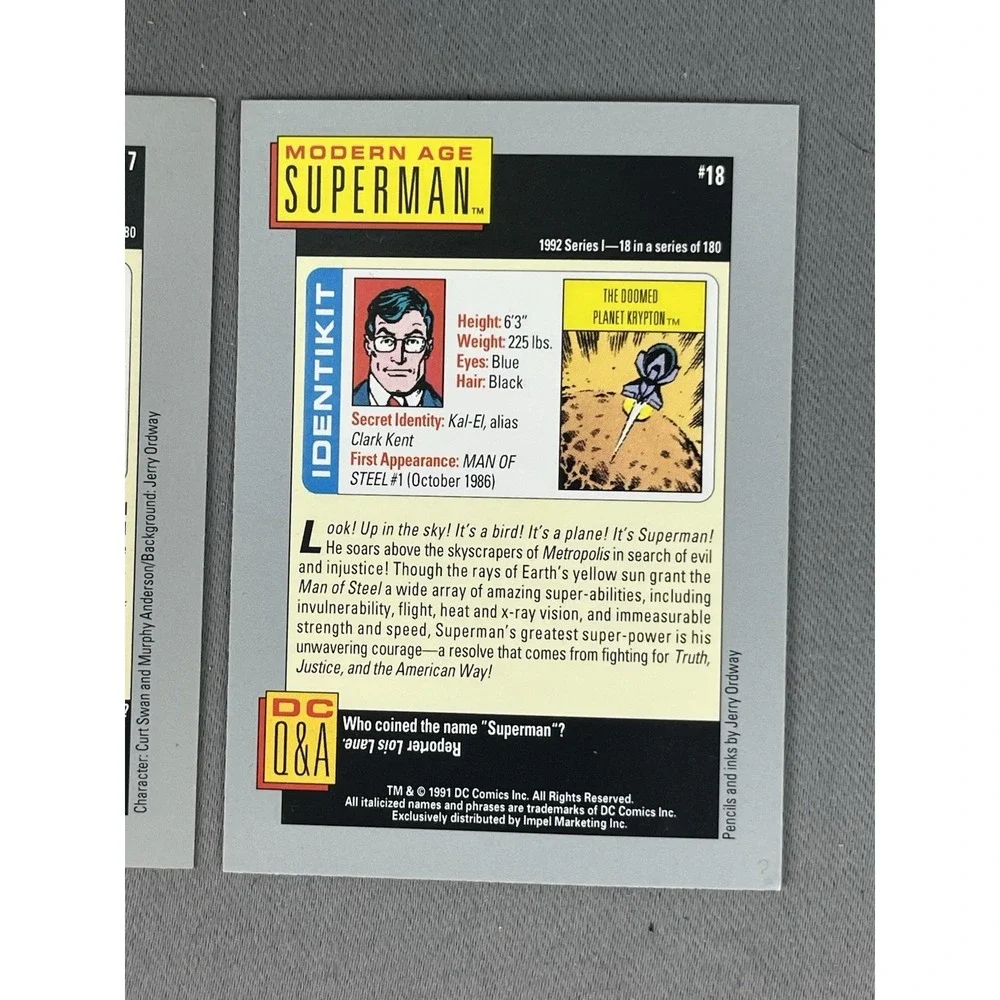 1991 DC Comic Cards SUPERMAN Hero Heritage Set‎ Of 3